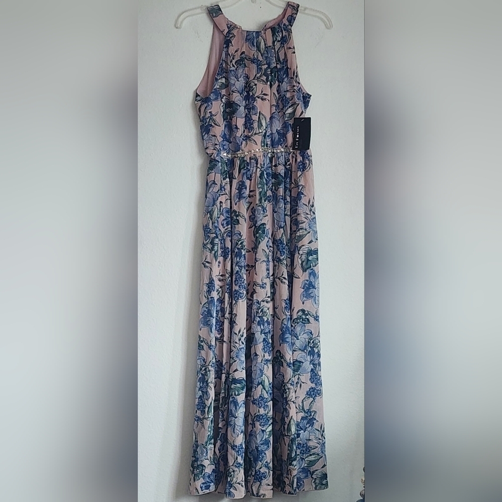 En Focus Studio Women's Maxi Blue Floral Halter Lined Flowy Dress Sz 4 (NWT)